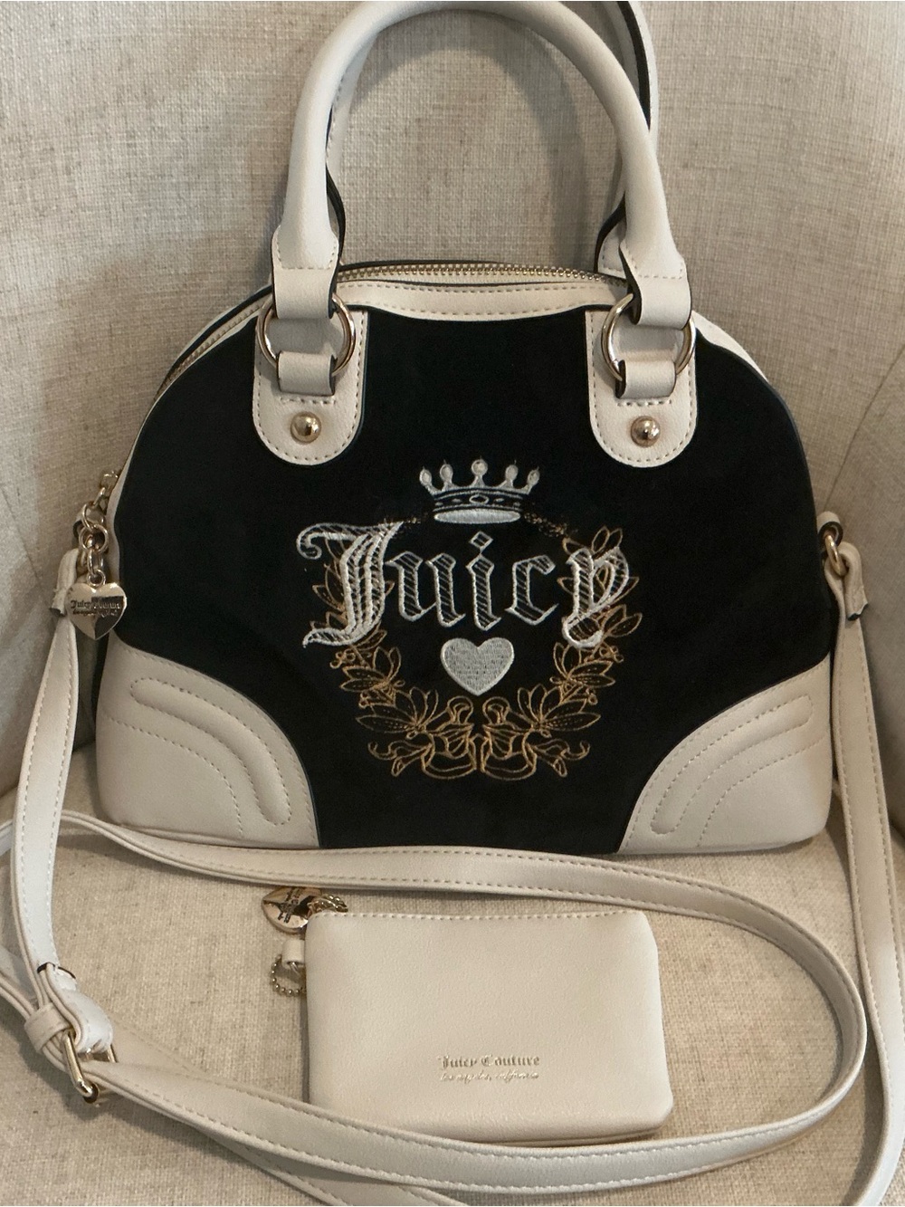 Juicy Couture Black and White Dome Satchel with Gold Embroidery